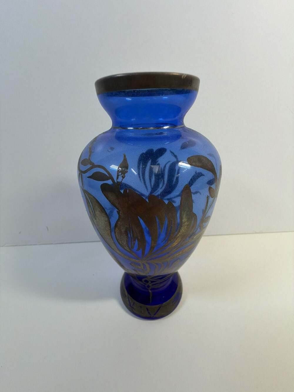 Vintage Cobalt Blue Glass Vase with Silver Overlay Floral Design 6.5”